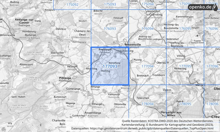 Übersichtskarte des KOSTRA-DWD-2020-Rasterfeldes Nr. 177093