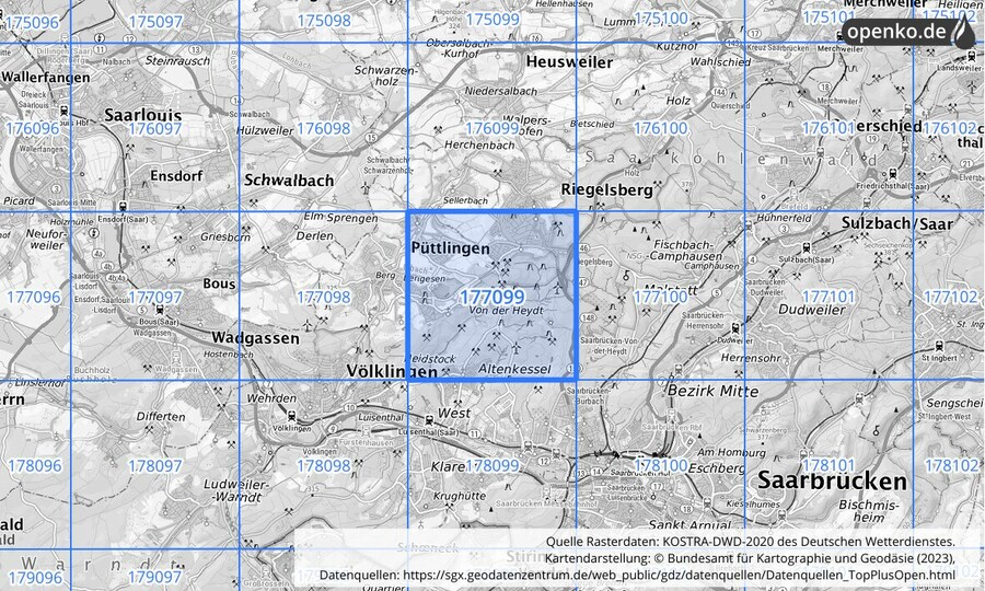 Übersichtskarte des KOSTRA-DWD-2020-Rasterfeldes Nr. 177099