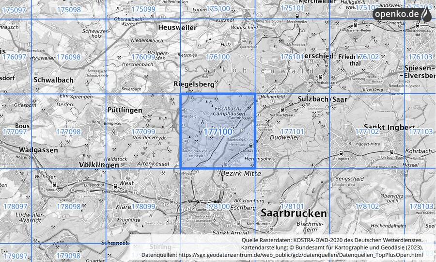 Übersichtskarte des KOSTRA-DWD-2020-Rasterfeldes Nr. 177100