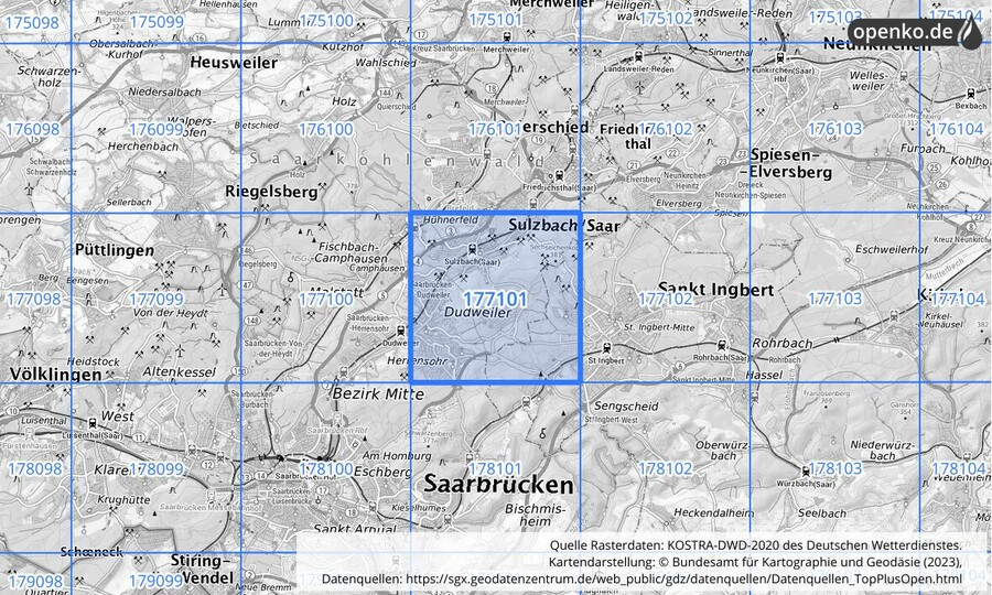 Übersichtskarte des KOSTRA-DWD-2020-Rasterfeldes Nr. 177101