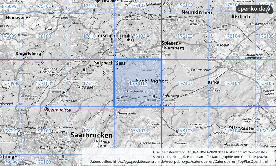 Übersichtskarte des KOSTRA-DWD-2020-Rasterfeldes Nr. 177102