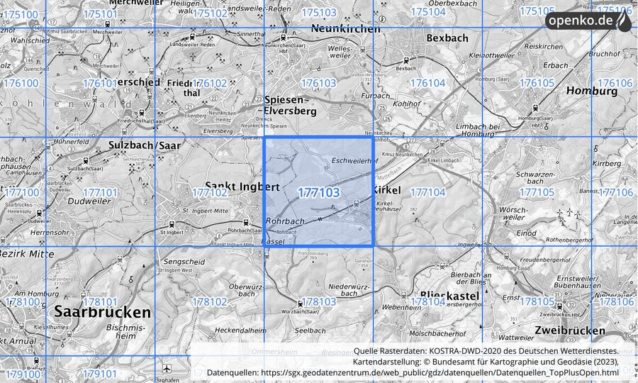 Übersichtskarte des KOSTRA-DWD-2020-Rasterfeldes Nr. 177103