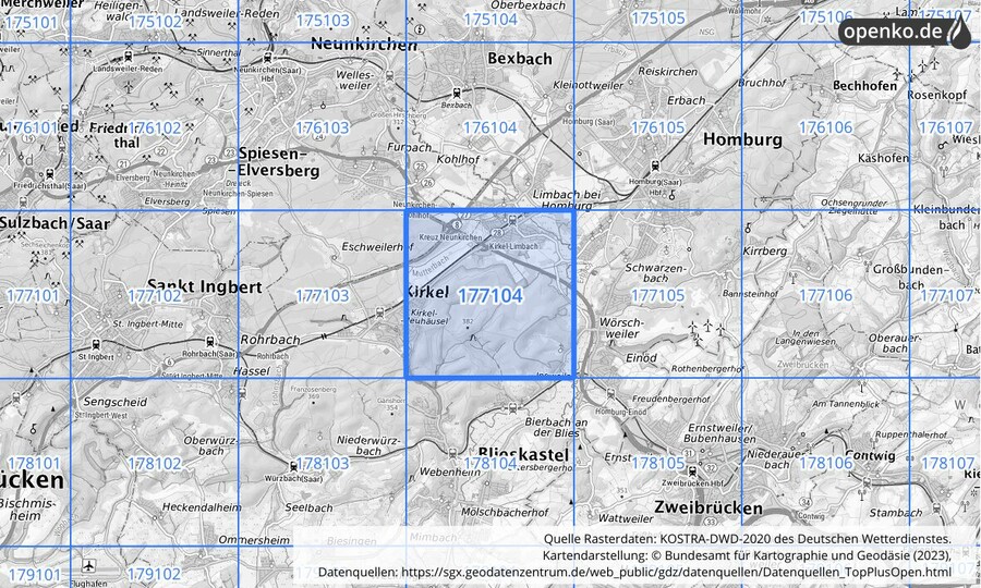 Übersichtskarte des KOSTRA-DWD-2020-Rasterfeldes Nr. 177104