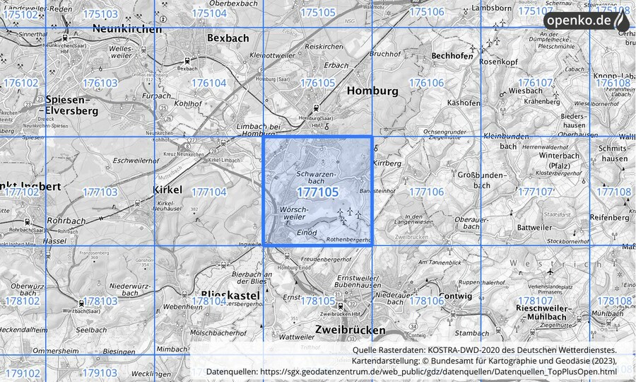 Übersichtskarte des KOSTRA-DWD-2020-Rasterfeldes Nr. 177105