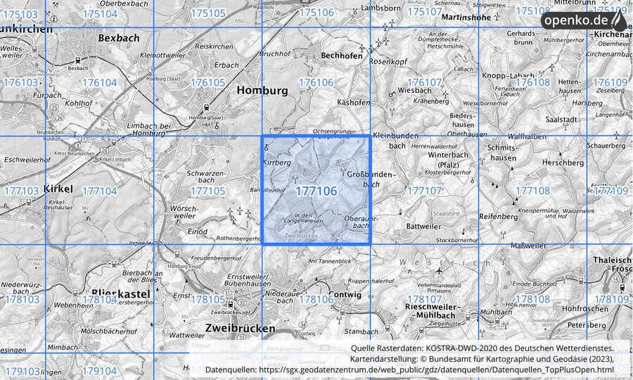 Übersichtskarte des KOSTRA-DWD-2020-Rasterfeldes Nr. 177106