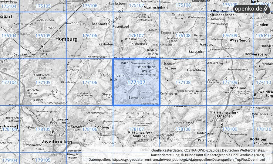 Übersichtskarte des KOSTRA-DWD-2020-Rasterfeldes Nr. 177107