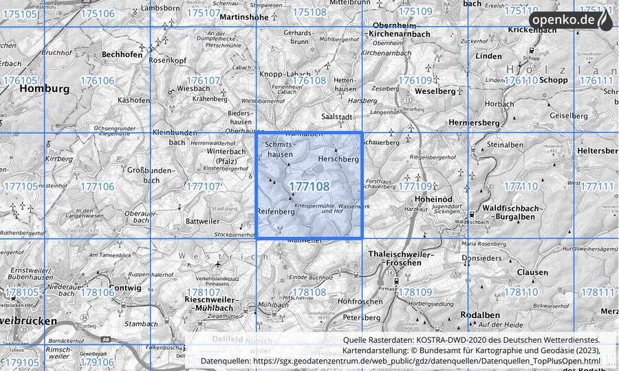 Übersichtskarte des KOSTRA-DWD-2020-Rasterfeldes Nr. 177108