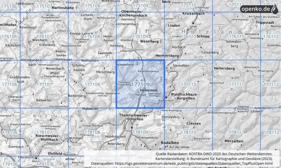 Übersichtskarte des KOSTRA-DWD-2020-Rasterfeldes Nr. 177109