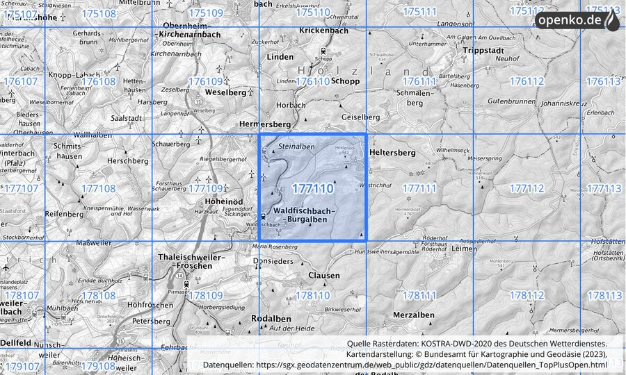 Übersichtskarte des KOSTRA-DWD-2020-Rasterfeldes Nr. 177110