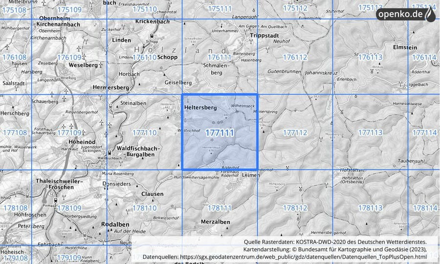 Übersichtskarte des KOSTRA-DWD-2020-Rasterfeldes Nr. 177111