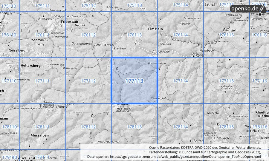 Übersichtskarte des KOSTRA-DWD-2020-Rasterfeldes Nr. 177113