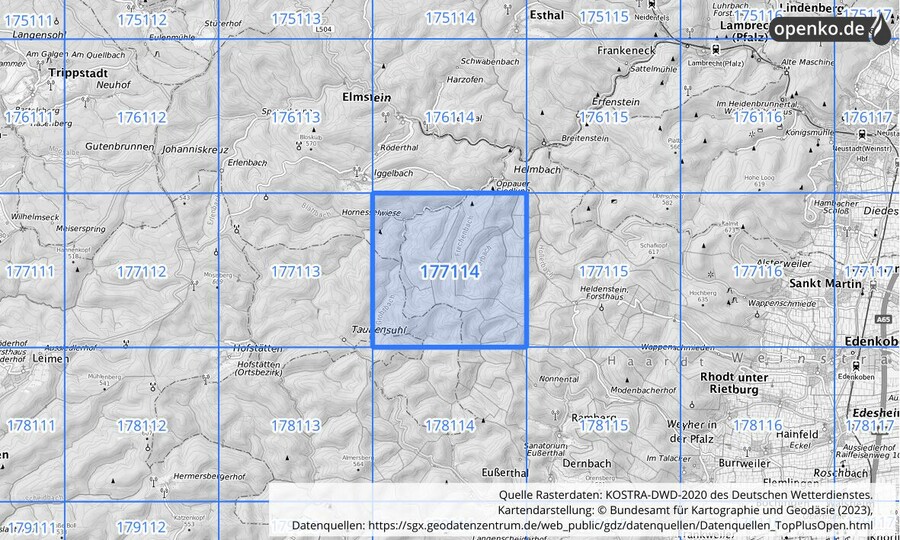 Übersichtskarte des KOSTRA-DWD-2020-Rasterfeldes Nr. 177114