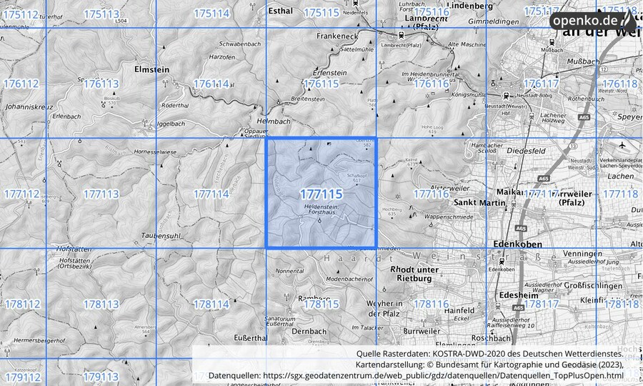 Übersichtskarte des KOSTRA-DWD-2020-Rasterfeldes Nr. 177115
