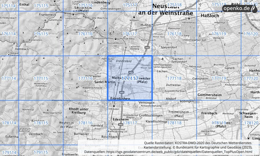 Übersichtskarte des KOSTRA-DWD-2020-Rasterfeldes Nr. 177117