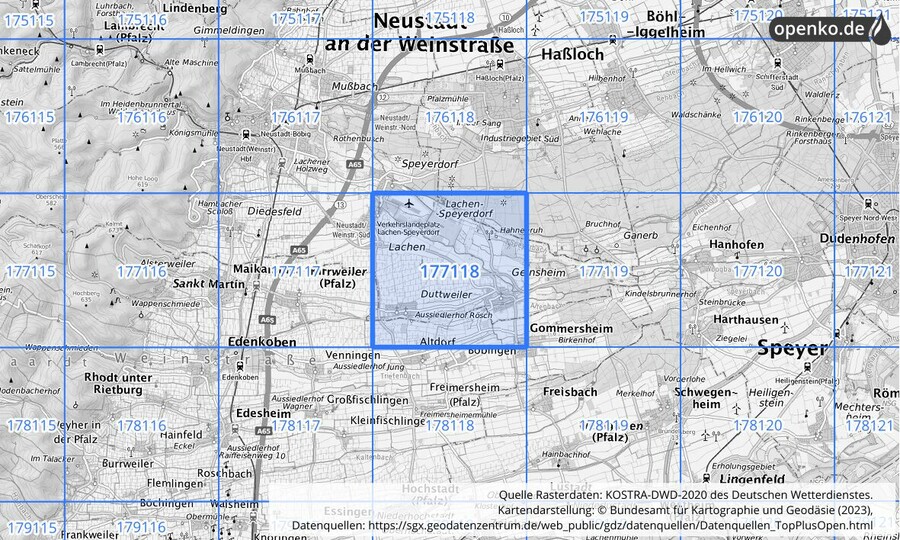 Übersichtskarte des KOSTRA-DWD-2020-Rasterfeldes Nr. 177118