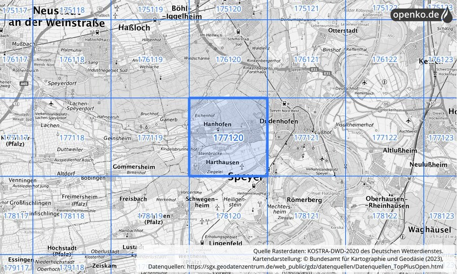 Übersichtskarte des KOSTRA-DWD-2020-Rasterfeldes Nr. 177120