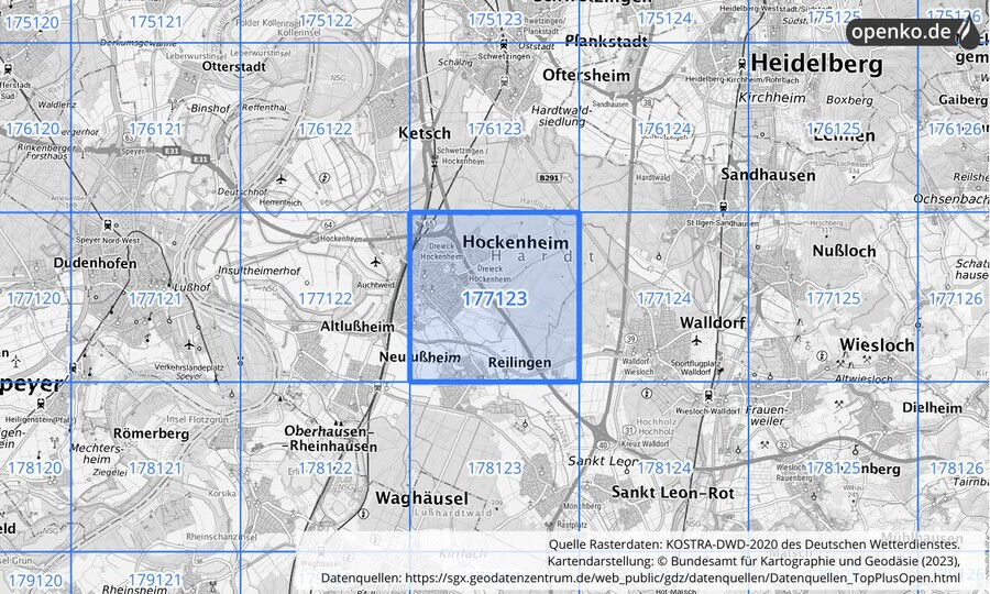 Übersichtskarte des KOSTRA-DWD-2020-Rasterfeldes Nr. 177123