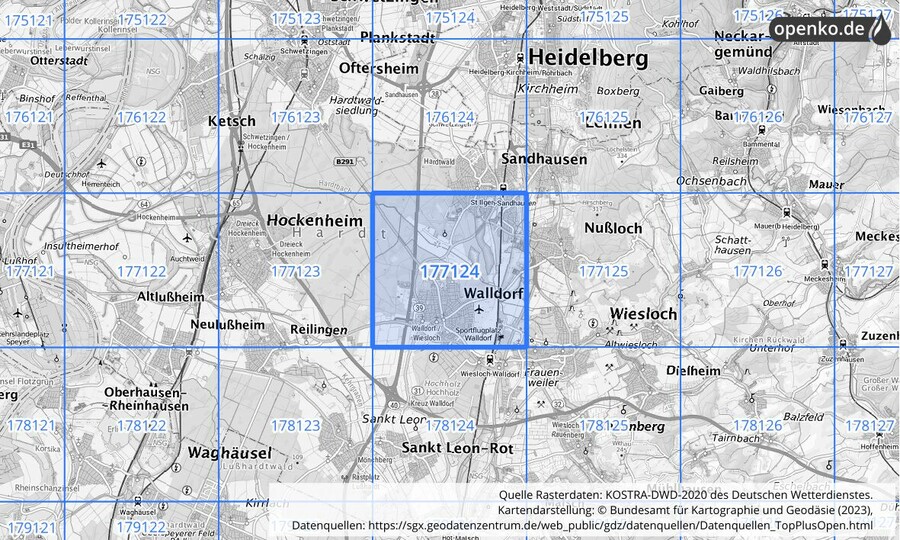 Übersichtskarte des KOSTRA-DWD-2020-Rasterfeldes Nr. 177124