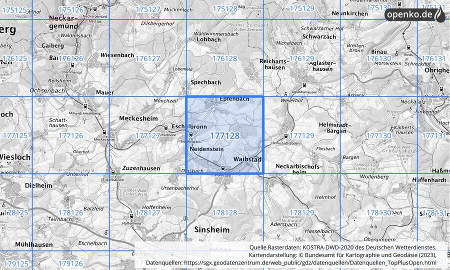 Übersichtskarte des KOSTRA-DWD-2020-Rasterfeldes Nr. 177128