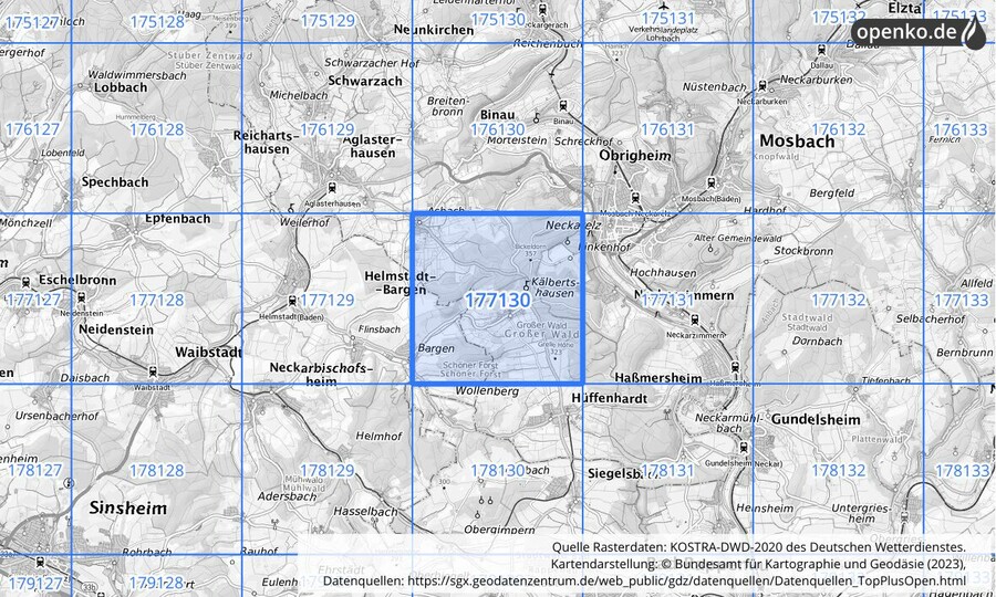 Übersichtskarte des KOSTRA-DWD-2020-Rasterfeldes Nr. 177130