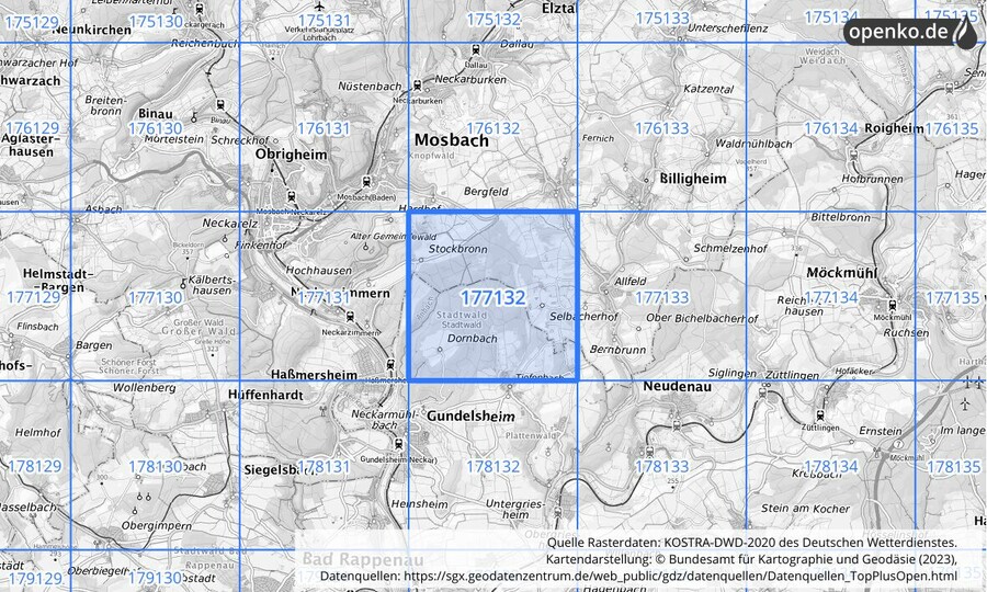 Übersichtskarte des KOSTRA-DWD-2020-Rasterfeldes Nr. 177132