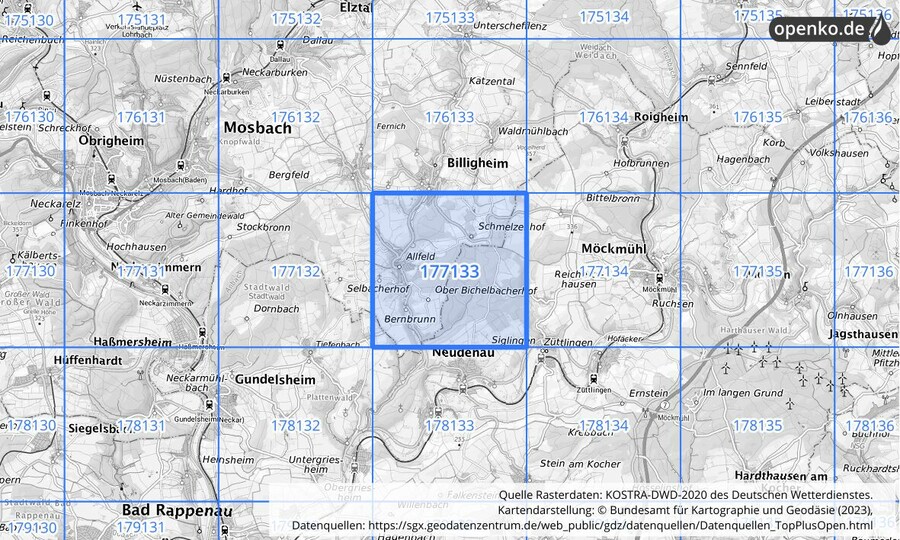 Übersichtskarte des KOSTRA-DWD-2020-Rasterfeldes Nr. 177133