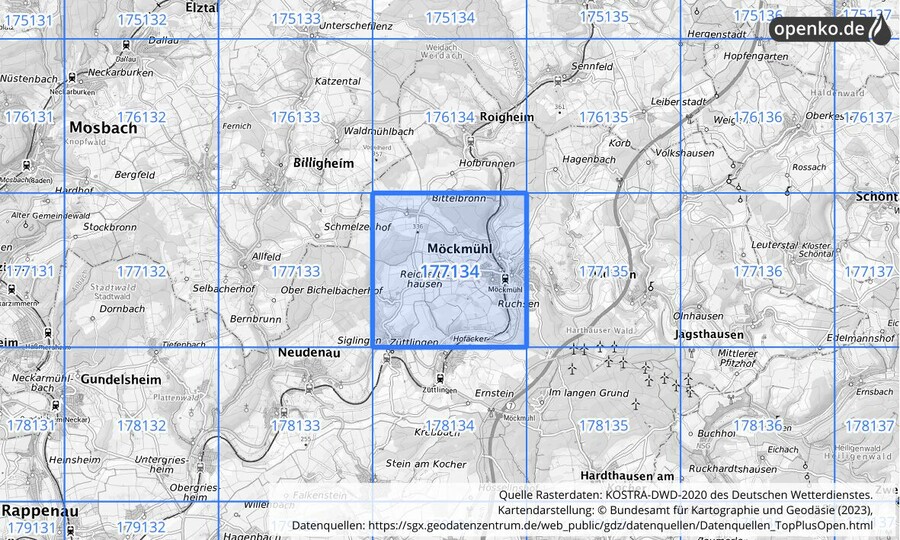 Übersichtskarte des KOSTRA-DWD-2020-Rasterfeldes Nr. 177134