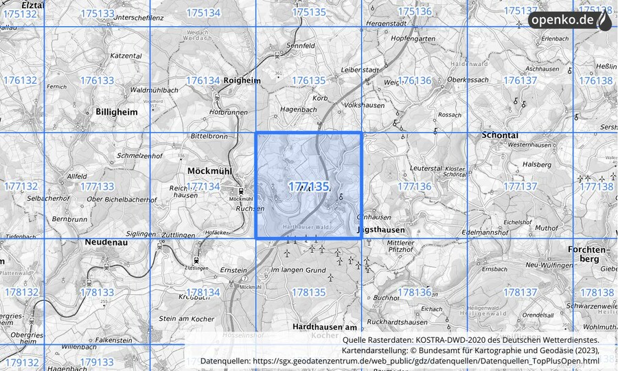 Übersichtskarte des KOSTRA-DWD-2020-Rasterfeldes Nr. 177135