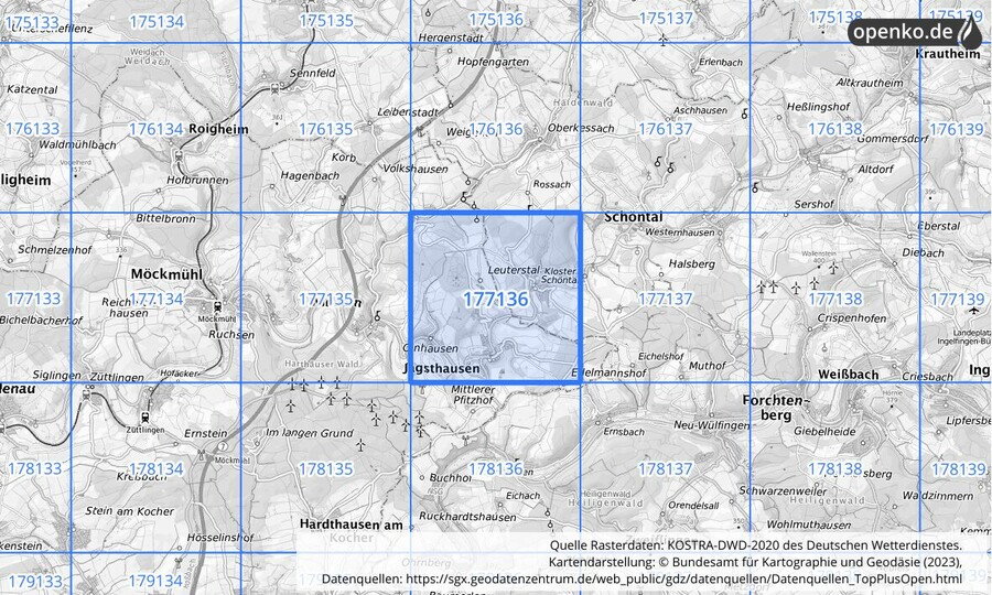 Übersichtskarte des KOSTRA-DWD-2020-Rasterfeldes Nr. 177136