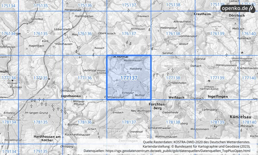 Übersichtskarte des KOSTRA-DWD-2020-Rasterfeldes Nr. 177137