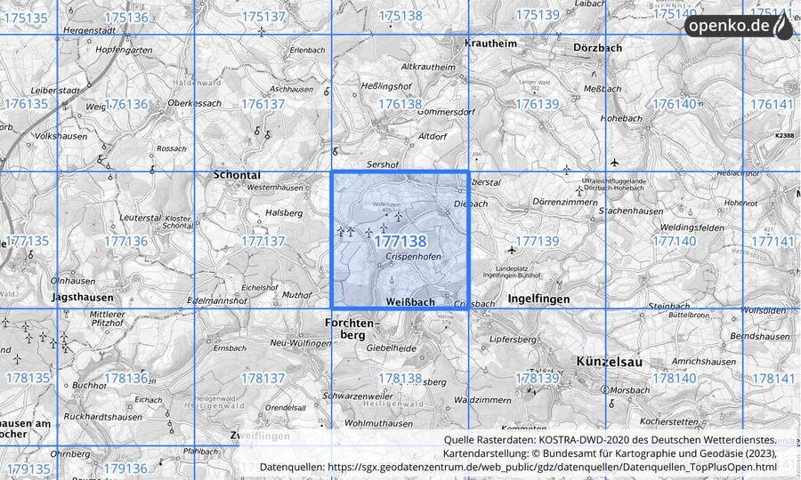 Übersichtskarte des KOSTRA-DWD-2020-Rasterfeldes Nr. 177138