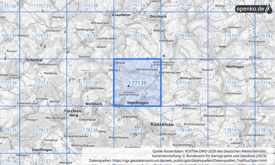 Übersichtskarte des KOSTRA-DWD-2020-Rasterfeldes Nr. 177139