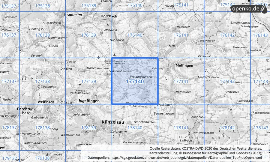 Übersichtskarte des KOSTRA-DWD-2020-Rasterfeldes Nr. 177140