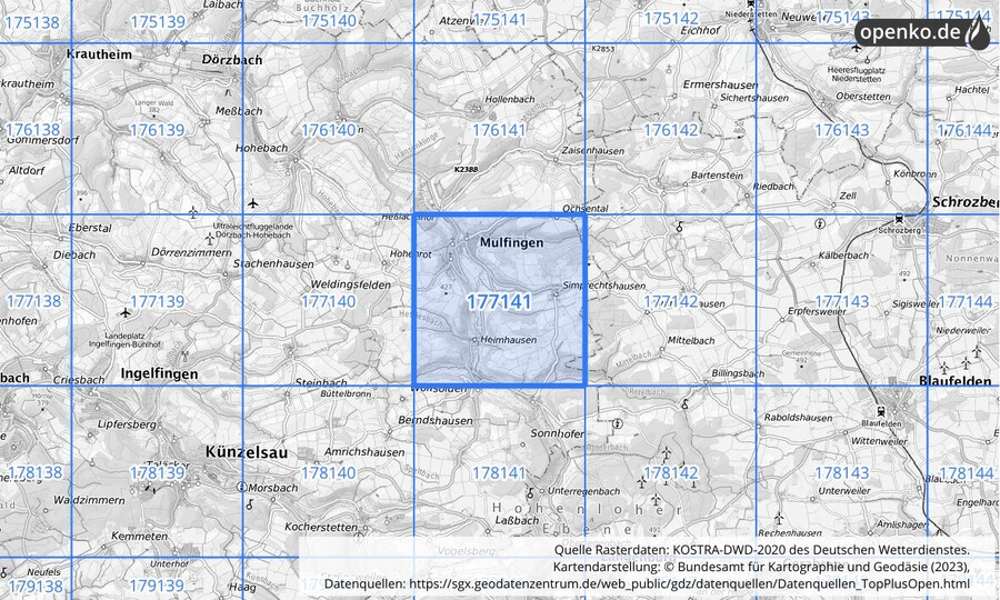 Übersichtskarte des KOSTRA-DWD-2020-Rasterfeldes Nr. 177141