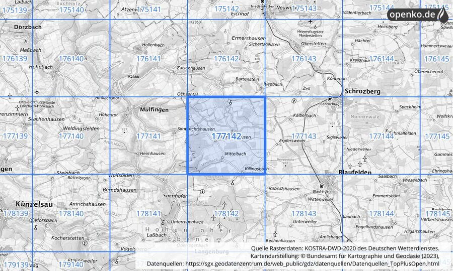 Übersichtskarte des KOSTRA-DWD-2020-Rasterfeldes Nr. 177142