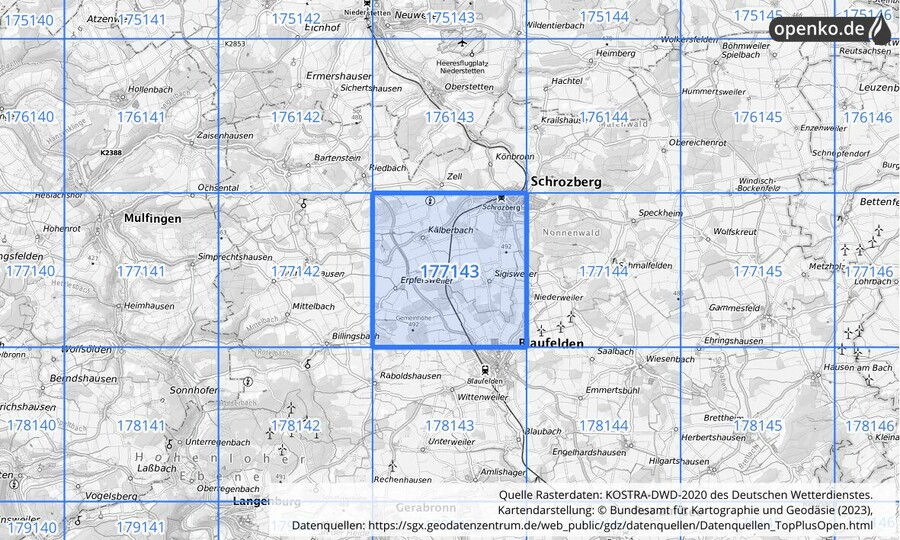 Übersichtskarte des KOSTRA-DWD-2020-Rasterfeldes Nr. 177143