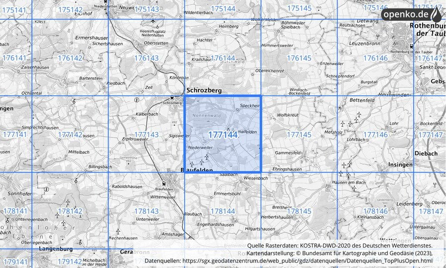 Übersichtskarte des KOSTRA-DWD-2020-Rasterfeldes Nr. 177144