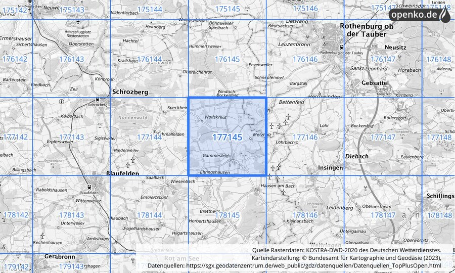 Übersichtskarte des KOSTRA-DWD-2020-Rasterfeldes Nr. 177145