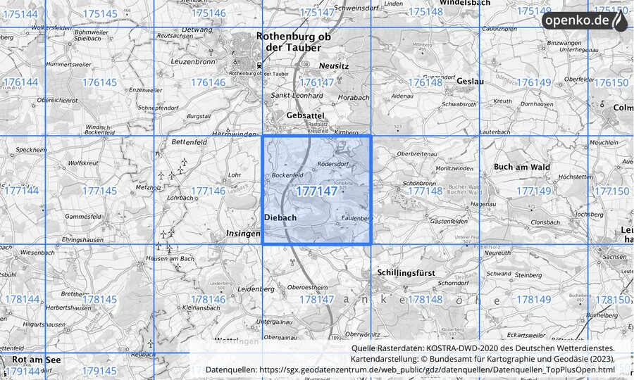 Übersichtskarte des KOSTRA-DWD-2020-Rasterfeldes Nr. 177147