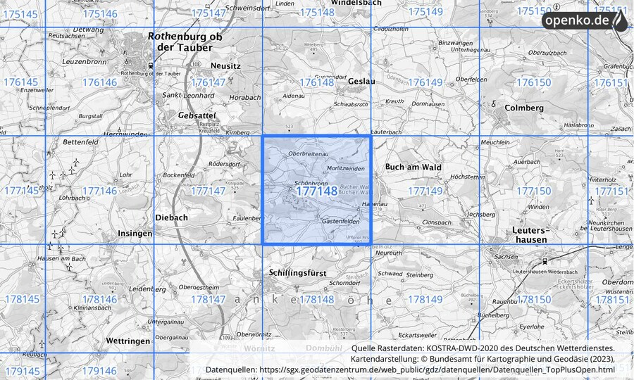 Übersichtskarte des KOSTRA-DWD-2020-Rasterfeldes Nr. 177148