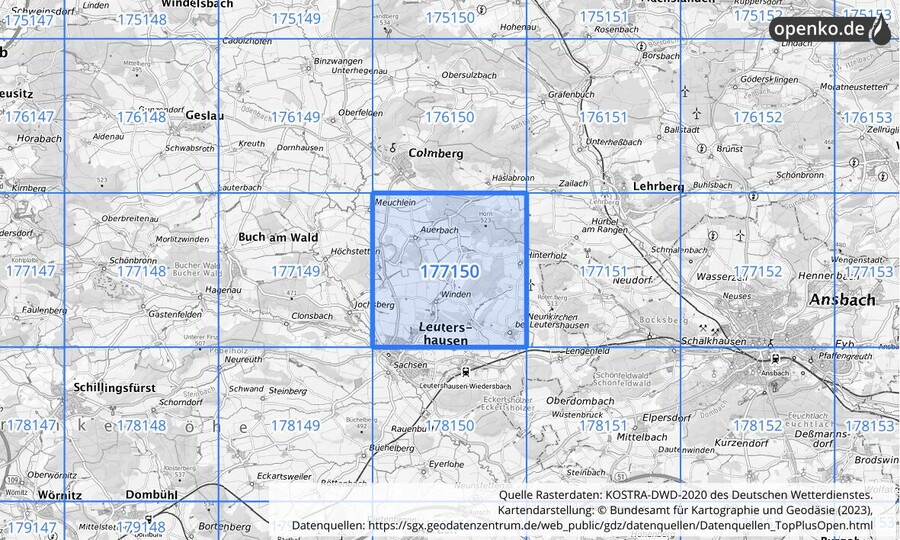 Übersichtskarte des KOSTRA-DWD-2020-Rasterfeldes Nr. 177150