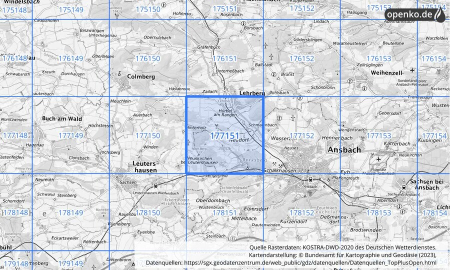 Übersichtskarte des KOSTRA-DWD-2020-Rasterfeldes Nr. 177151