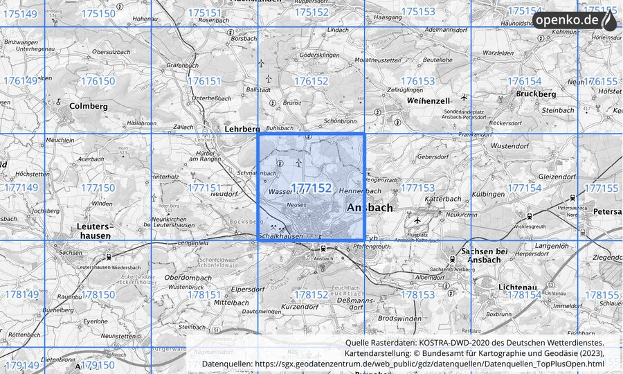 Übersichtskarte des KOSTRA-DWD-2020-Rasterfeldes Nr. 177152