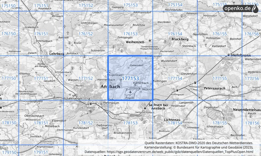 Übersichtskarte des KOSTRA-DWD-2020-Rasterfeldes Nr. 177153