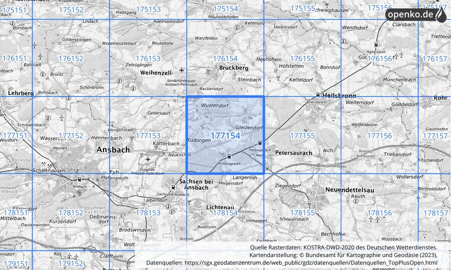 Übersichtskarte des KOSTRA-DWD-2020-Rasterfeldes Nr. 177154