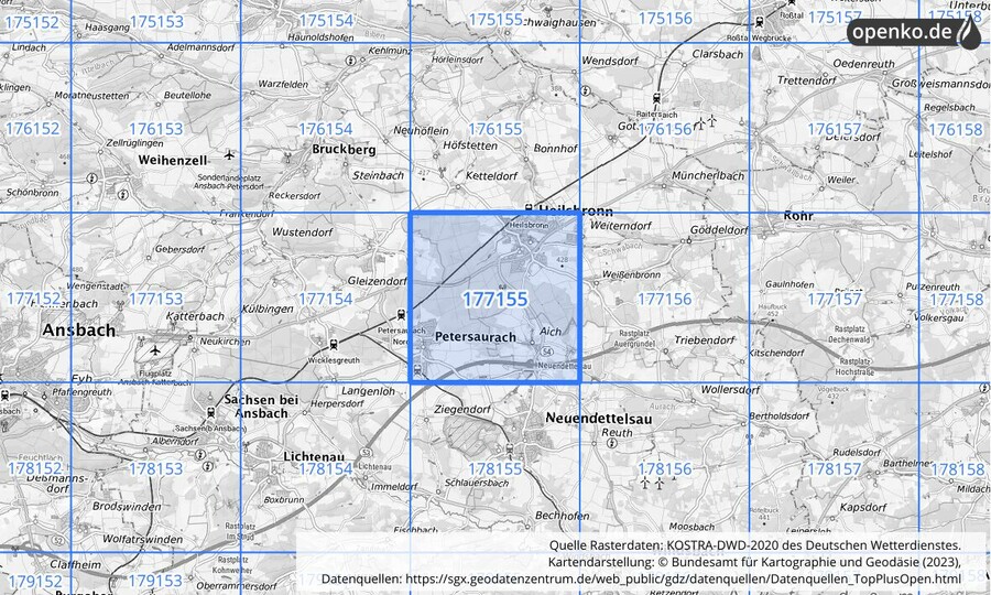 Übersichtskarte des KOSTRA-DWD-2020-Rasterfeldes Nr. 177155