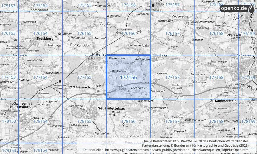 Übersichtskarte des KOSTRA-DWD-2020-Rasterfeldes Nr. 177156