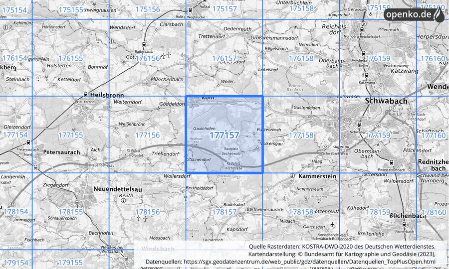 Übersichtskarte des KOSTRA-DWD-2020-Rasterfeldes Nr. 177157