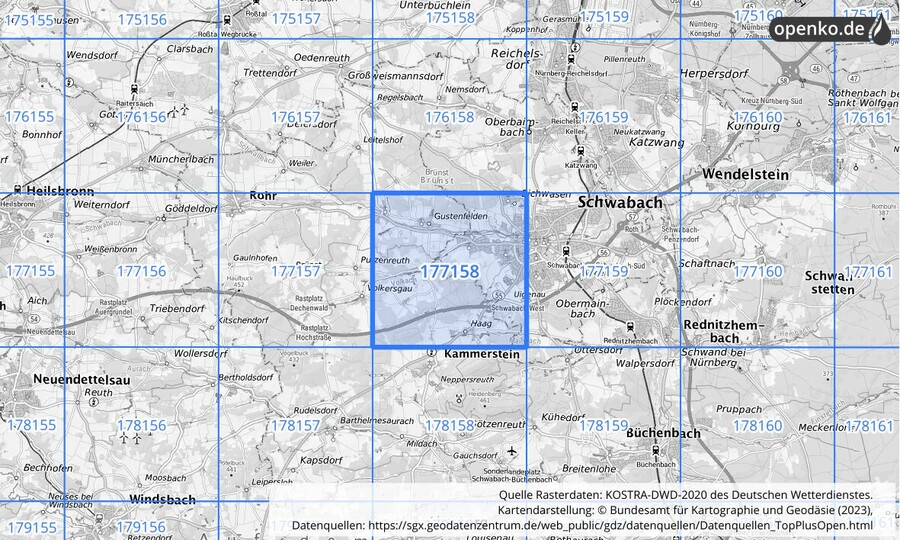 Übersichtskarte des KOSTRA-DWD-2020-Rasterfeldes Nr. 177158