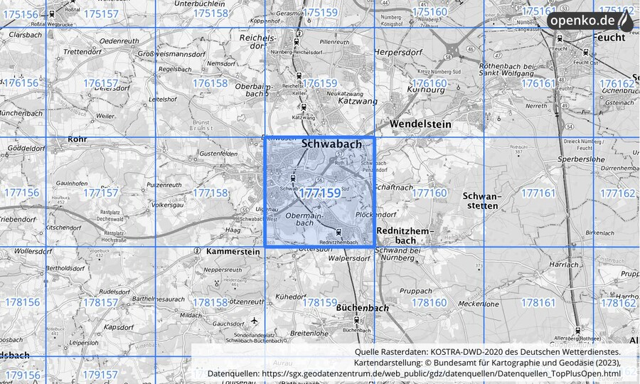 Übersichtskarte des KOSTRA-DWD-2020-Rasterfeldes Nr. 177159